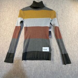 Almost Famous Striped Ribbed Turtleneck Sweater Olive Yellow Orange Womens Med